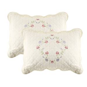 lot 1401 image: vctops 2-Piece Elegant Floral Embroidered Pillow Shams Queen Size 100% Cotton Quilted Decorative Pillow Shams Set (Cream B,20x28) - Retail $26