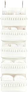 lot 1404 image: Dahey Over The Door Organizer Boho Nursery Storage Decor Closet Hanging Organizer with Tassels Decoration for Bedroom Nursery Bathroom Apartments Dorm Pantry, 5 Pockets, White - Retail $23