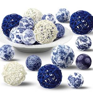 lot 1422 image: Halloscume 36 Pcs Blue and White Decorative Balls Chinoiserie Orbs Decoration for Centerpiece Bowls 2.4 Inch Wicker Rattan Balls 1.57 Inch Spheres Gifts for Xmas Party Farmhouse Vases Home Table Decor - Retail $38