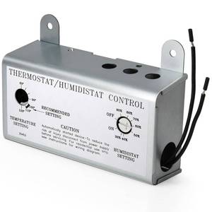 lot 1426 image: Hiorucet Attic Fan with Thermostat Humidistat Controller, Adjustable Temperature Humidity Controller for Workshops Greenhouses Garages, Attic Ventilator Fan Thermostat Humidistat Control Box - Retail $36
