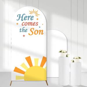 lot 1451 image: Cheerupp Here Comes The Son Arch Backdrop Covers, 6 Ft Boho Sunrise Stretchy Arch Backdrop Stand Cover, Photography Background Arch Stand Cover for Baby Shower Gender Reveal Party Decor - Retail $23