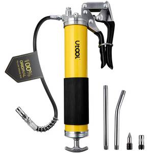 lot 1467 image: UTOOL Grease Gun, 8000 PSI Heavy Duty Pistol Grip Grease Gun Kit with 14 oz Capacity, 18 Inch Resin Flex Hose, 2 Basic Coupler, 2 Extension Rigid Pipe and 1 Sharp Type Nozzle, Argent Matte Finish - Retail $22