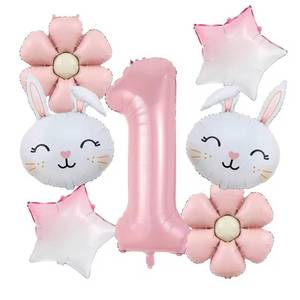 lot 1509 image: 7PCS Rabbit Daisy Balloons Decorations with 32 Inch Pink Number 1 Balloons for Easter Bunny Theme Birthday Party Kids Toy Gifts (1st Birthday)&nbsp