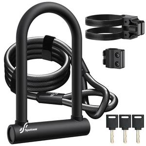 lot 1542 image: Sportneer Bike U Lock - 18mm Shackle Heavy Duty Bike Lock with 6ft Security Cable - Bicycle U-Locks with Sturdy Mounting Bracket for Road, Mountain, Electric and Folding Bike, Size 9.85x6.3 - Retail $26