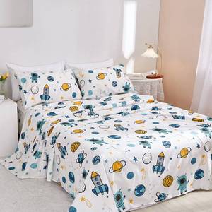 lot 1552 image: JSD Blue Astronaut Kids Sheet Set Twin Size, 3 Piece Space Rocket Printed Microfiber Bed Sheets Deep Pocket - Retail $22