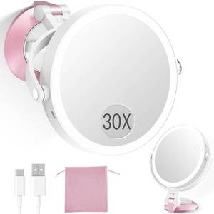 lot 1556 image: vpu 30X1X Wall Mounted Magnifying Makeup Mirror with Power Suction Cup, Rechargeable Double Sided Regular HDMagnification 3 Color Modes Adjustable Brightness Mirror with Lights for Bathroom, Travel - Retail $22