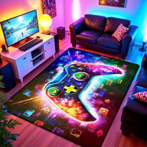 lot 1594 image: 3x5 ft Neon Gaming Area Rug for Boys Room, Colorful Game Controller Carpet for Gamer Room Decor, Low Pile Non-Slip Video Game Rug for Teens Playroom or Game Zone - 02 - Retail $33