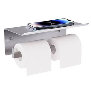lot 1597 image: Double Toilet Paper Holder with Shelf, FreshGlow Large Tissue Holder Brushed Nickel, Wall Mount Commercial Toilet Paper Dispenser Phone Shelf Stainless Steel, Tissue Roll for Bathroom - Retail $28