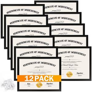 lot 1599 image: YixangDD 12 Pack Certificate Frames 8.5 x 11, College Diploma Frame with Clear Plexiglass, Black Degree Document Frame for Wall and Tabletop Display - Retail $29