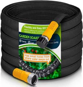 lot 1603 image: LAVEVE Heavy Duty Flat Garden Soaker Hose 100FT, Flexible Water Hose Irrigation Tubing, Leakproof Drip Hose Watering for Garden, Lawn, Flower Bed, Vegetable (50FT x 2Pack) - Retail $40