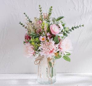 lot 1604 image: LUEUR Faux Flowers with Vase,Artificial Pink Flowers in Vase, Fake Eucalyptus and Chrysanthemum,Flower Arrangement for Home Spring Decor Dining Table Centerpiece Decorations Coffee Table Decor - Retail $26