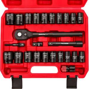 lot 1628 image: 12 Drive Socket Wrench Set 25-Piece SAE & Metric Impact Socket Ratchet Wrench Tool Set Socket Assortment with Storage Box for Repair Mechanic Garage - Retail $30