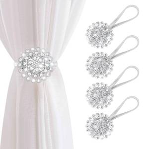 lot 1641 image: AULEEP Magnetic Curtain Tiebacks, 4 Pack Magnetic Crystal Decorative Drapes Curtain Clips Buckle, Flower Curtain Tie Back, European and American Style (Silver) - Retail $16