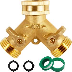 lot 1646 image: Triumpeek Brass Garden Hose Splitter, 34 Inch 2-Way Y Brass Hose Connector with O-ring Washers & Tape - Retail $9
