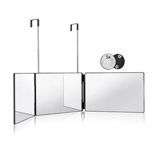 lot 1656 image: HIEEY 3 Way Mirror for Hair Cutting,360 Trifold Mirror with Height Adjustable Telescoping Hooks,and 5X Magnification,for Makeup, Hair Styling - Retail $24