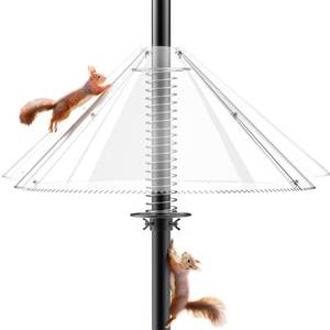 lot 1658 image: Squirrel Baffle for Bird Feeder Pole - Dynamic Steel Spring-Loaded Wobble Defense, 0.32 Thick Anti-Chew Polycarbonate Guard, Fits 0.4-1 Round Poles Only, 19 Inch, Metal Buckle, Clear - Retail $33