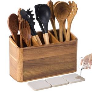 lot 1679 image: LOHONER Wooden Utensil Holder for Kitchen Counter, Acacia Wood Kitchen Utensil Holder for Countertop with 4 Compartment, Cooking Utensil Organizer, Silverware Caddy (Acacia Wood, 3Compartment) - Retail $33