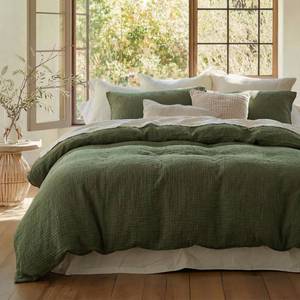 lot 1685 image: Bedsure 100% Muslin Cotton Duvet Cover King Size - Ultra-Soft Gauze Duvet Cover, PureWoven Breathable & Lightweight Bedding Set with Zipper Closure and Corner Ties (Olive Green, King, 104x90) - Retail $90