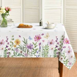 lot 1690 image: Horaldaily Spring Tablecloth 60 x 120 Inch, Wildflowers Floral Butterfly Washable Table Cover for Party Picnic Dinner Decor - Retail $21