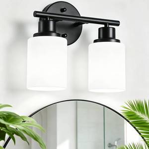 lot 1693 image: Guliaofo 2-Light Vanity Lights, Black Bathroom Light Fixture with Striped Textured Milky White Glass Shade, Modern Vanity Lighting Fixture for Bathroom Wall Light Over Mirror, E26 Wall Sconce - Retail $40
