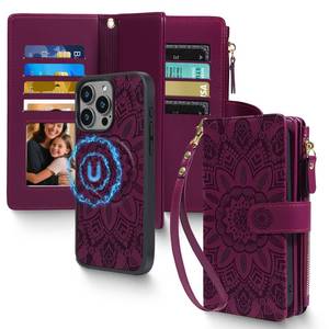 lot 1697 image: 2 in 1 for iPhone 13 Pro Wallet Case Magnetic Compatible with Magsafe RFID Blocking Card Holder Detachable Phone Cover Zipper Purse Kickstand Wrist Strap for Men Women 6.1 2021 Floral Burgundy - Retail $30
