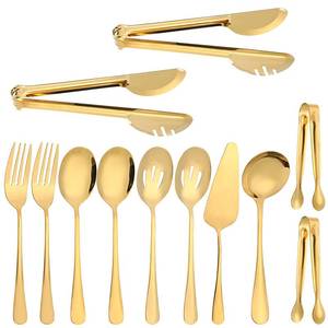 lot 1709 image: 12Pcs Gold Serving Utensils Set, Stainless Steel Serving Utensils Set includes Serving Spoon, Serving Solted Spoons, Fork, Sugar Tongs, Food Tongs, Cake Spatula, Soup Spoon for Parties, Buffet - Retail $19