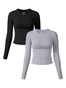 lot 1710 image: OQQ Womens 2 Piece Shirts Long Sleeve Crew Neck Ruched Stretch Basic Fitted Tee Shirts Tops Black Grey large  - Retail $35