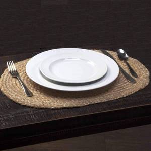 lot 1721 image: DAJAMAI Jute Woven Oval Placemats Set of 6, Brown Plate Charger 12x16 inches Jute Heat Resistant Non-Slip Weave Place mats Farmhouse Straw Braided Rattan Tablemats Wicker Placemats for Dining Table - Retail $26