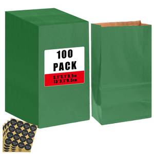 lot 1726 image: Bakepacker 100 Pcs Deep Green Treat Paper Bags with 100 Stickers 5.1x3.1x9.4 Brown Kraft Small Party Gift Bag Snack Bag without Handle - Retail $18