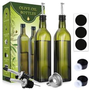 lot 1733 image: AOZITA 2 PACK 17 oz Glass Olive Oil Dispenser Bottle Set - 500ml Dark Green Oil & Vinegar Cruet Bottle with Pourers, Funnel and Labels - Olive Oil Carafe Decanter for Kitchen - Retail $13