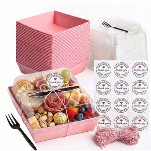 lot 1767 image: Leafiew 50 Pack Clear Treat Boxes with Forks - Small Dessert Boxes To Go - 5 Inch Disposable Paper Mini Containers for Cookie, Cake Slice, Charcuterie, Bakery, Strawberry, Baked Goods Packaging (Pink) - Retail $20