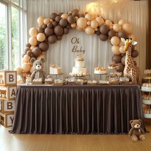 lot 1784 image: Partisky Chocolate Brown Polyester Table Skirt for Rectangle Tables 6ft, Wrinkle Resistant Pleated Ruffle Table Cloth for Banquet Wedding Trade Baby Shower Display Gift Dining Table - Retail $19