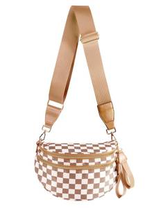 lot 1793 image: Black and White Checkered Crossbody Bag Bum Bag for Women,Spacious Checkered Purse Fanny Packs Belt Bag (Light Brown Checkered) - Retail $25
