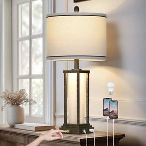 lot 1802 image: luxeflow 27in Tall Farmhouse Table Lamp with USB CA & Outlet,Bronze Industrial End Table Lamp for Living Room,Vintage Rustic Bedside Lamp with Night Light for Bedroom Nightstand,Single Bronze - Retail $60