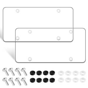 lot 1806 image: License Plate Protector 2 Pack, Clear License Plate Cover 12.08  6.02 Universal, Plate Cover for Car Plastics, Car Frame Cover Shield with Screws Transparent Spacers Screw Caps by XIOGZAXI - Retail $10
