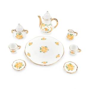 lot 1811 image: Dollhouse 16 Porcelain Tea Cup Sets 8 Pcs Set Miniature Ceramics Dollhouse Accessories Flower Pattern Teapot Platter Dish Sets Dollhouse Kitchen Supplies Decoration (Yellow) - Retail $10