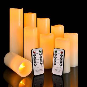 lot 1816 image: OSHINE Flameless Battery Operated Candle, LED - Set of 9 Flickering Pillar with 10-Key Remote & 24 Hours Timer, Ivory Real Wax Candles for Home Decor - Retail $26