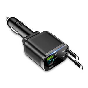 lot 1826 image: Upgraded Retractable Car Charger Adapter,3-Port & 2-Cable Car Phone Charger with 30W PD Charging Cable & Voltage Display,5 in 1 Type C and USB Cars Chargers Adapter - Retail $9