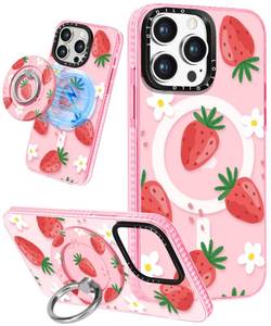 lot 1847 image: Lotadilo for iPhone 15 Pro Max Case for Women - Cute Kawaii Design Girls Compatible with Magsafe Magnetic Ring Holder Stand Strawberry Flower Phone Covers Aesthetic Girly TPU Funda for 15 Pro Max - Retail $16