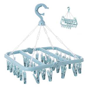 lot 1854 image: Rainfordhoma Laundry Drying Rack with 32 Hanger Clips, Foldable Clip Hangers for Drying Socks, Underwear &amp Towels, Portable Clothes Rack, 360° Rotatable Hook Plastic Baby Hangers (Light Blue) - Retail $9