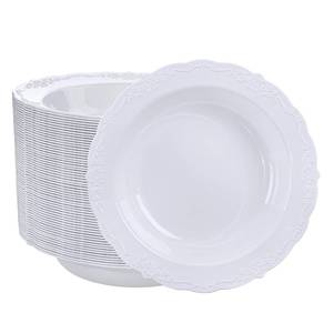 lot 1877 image: DaYammi 50 Pack White Plastic Bowls, 12oz Disposable Soup Bowls, White bowls Disposable Heavy Duty Dinner Bowls for Weddings, Salad Bowl for Parties, Dinners, Catering and Everyday Use - Retail $26