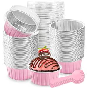 lot 1886 image: NPLUX 5 OZ Mini Loaf Pans with Lids Small Cake Containers Baking Cups for Pudding Souffle Party Wedding Birthday(100 Pack, Pink) - Retail $20