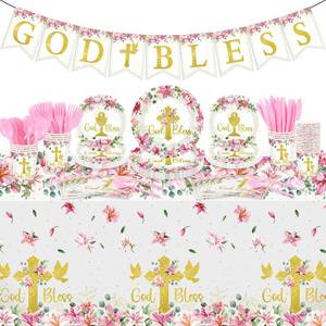 lot 1894 image: Yungyan 171 Pieces God Bless Baptism Party Supplies First Communion Tableware Set Serves 24 Guests Baptism Plates Napkins Cups Tablecloth for Newborn Baby Shower Christening Party Decoration (Pink) - Retail $24