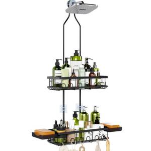 lot 1897 image: Skyapex Shower Caddy Hanging Over Shower Head, Adjustable Black Bathroom Organizer for Inside Shower, Rust-Resistant Stainless Steel Caddy with 2 Baskets, Hooks & Soap Dish for Tall Bottles - Retail $21