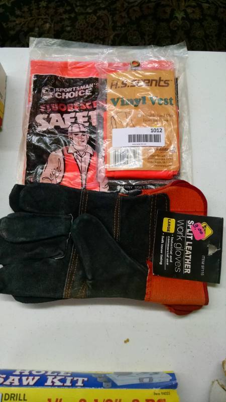 lot 1012 image: 2 - Orange Safety Vests  Blk. & Orange Split-Leather Work Gloves NIP