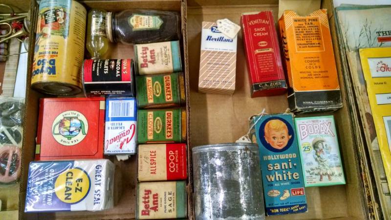 lot 1412 image: 2 Boxes of Old Drug Store Collectibles