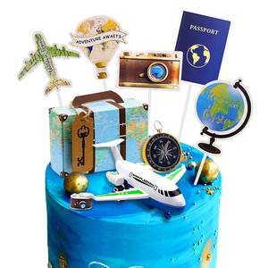 lot 2013 image: Rismise Travel Theme Cake Toppers Travel Cake Decoration Adventure Travel Cake Cupcake Toppers Airplane Map Camera Heart Mini Suitcase Cake Decorations for Adventure Awaits Travel Themed Party - Retail $9
