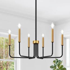 lot 2017 image: Black and Gold Chandelier, 6-Light Farmhouse Chandelier for Dining Room Lighting Fixtures Hanging, Dining Light Fixtures Industrial Modern Light Fixture for Bedroom, Foyer, Living Room and Entryway - Retail $75