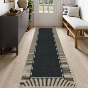 lot 2018 image: Moynesa Washable Black Striped Border Easy Jute Runner Rugs 2.5x8, Entryway Rug Runners for Kitchen, Farmhouse Indoor Outdoor Non Slip Carpet for Hallways Bathroom Bedroom Laundry - Retail $59