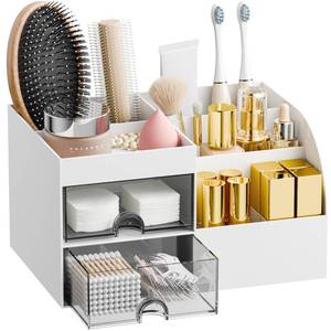 lot 2034 image: Makeup Organizer with 2 Drawers, Makeup Organizers Countertop for Vanity and Bathroom, Make up organization and Skincare Storage with Brush Holder, for Dresser, Desktop, Cosmetic Display Case (White) - Retail $8